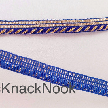 Wholesale Royal Blue / Black And Gold Stripes Piping Cord trim With Glitter Gold Piping, Approx. 10 mm wide, 9 Yards Trim